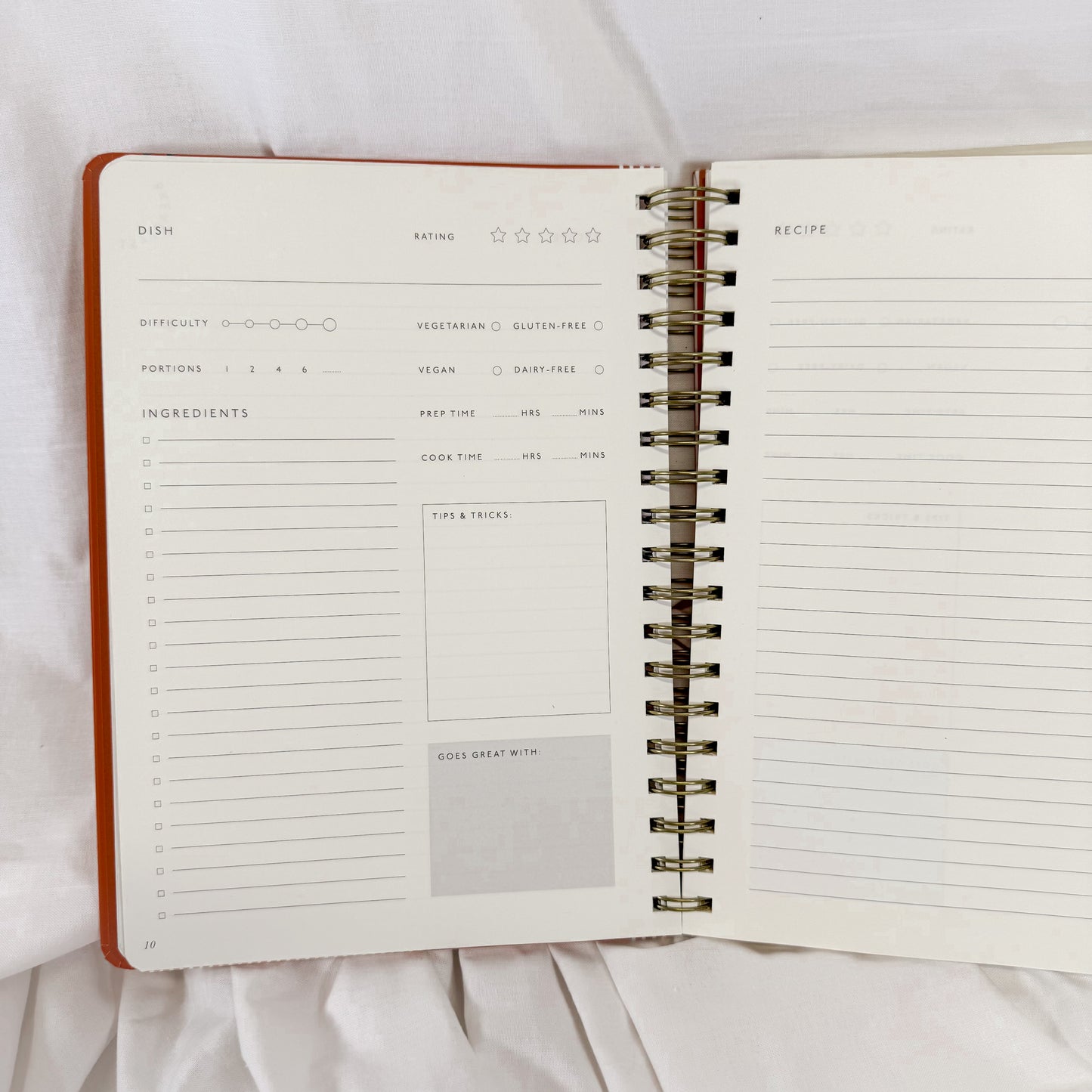 Minimalist recipe journal with sections for ratings, conversions, and favorite food spots
