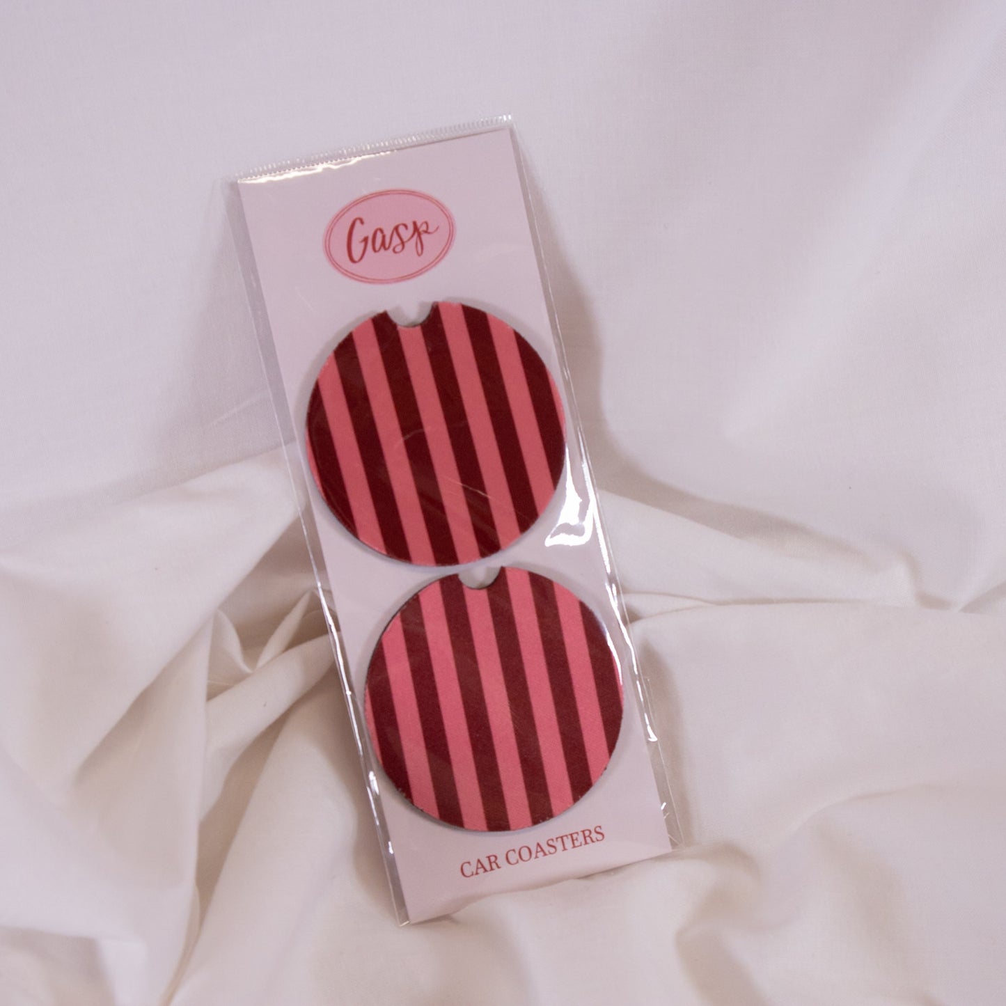 Raspberry Stripe Car Coaster Set
