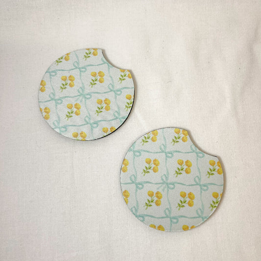Blue Floral Car Coaster Set
