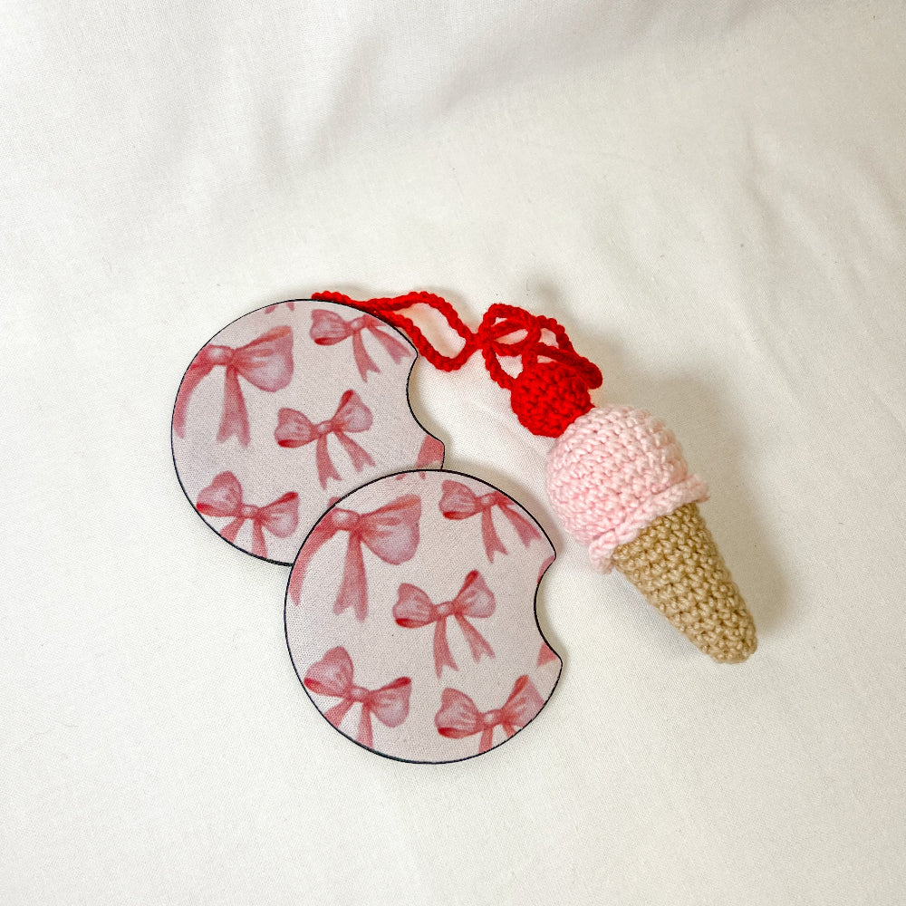 Pink Bows Car Coaster Set