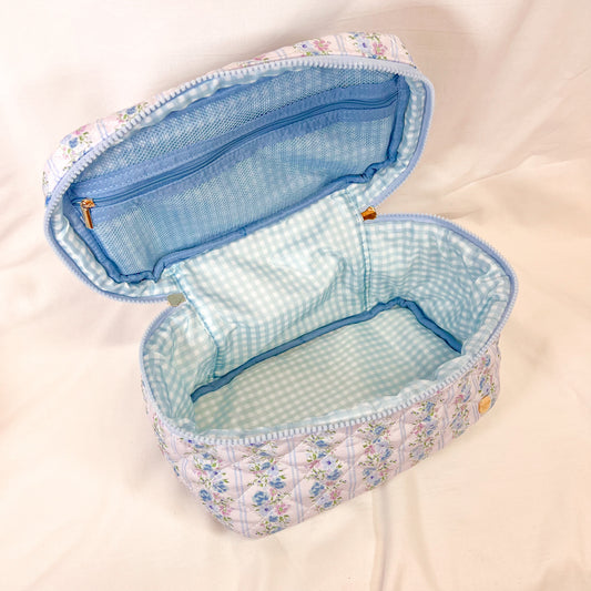 Blue Floral Jumbo Quilted Cosmetic Bag