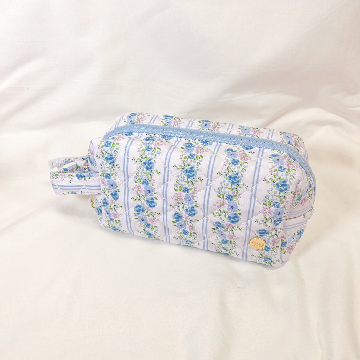 Blue Floral Quilted Makeup Bag
