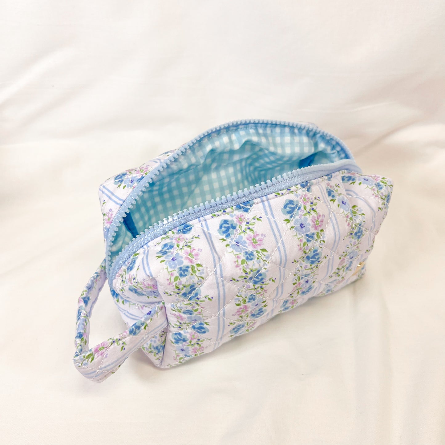 Blue Floral Quilted Makeup Bag