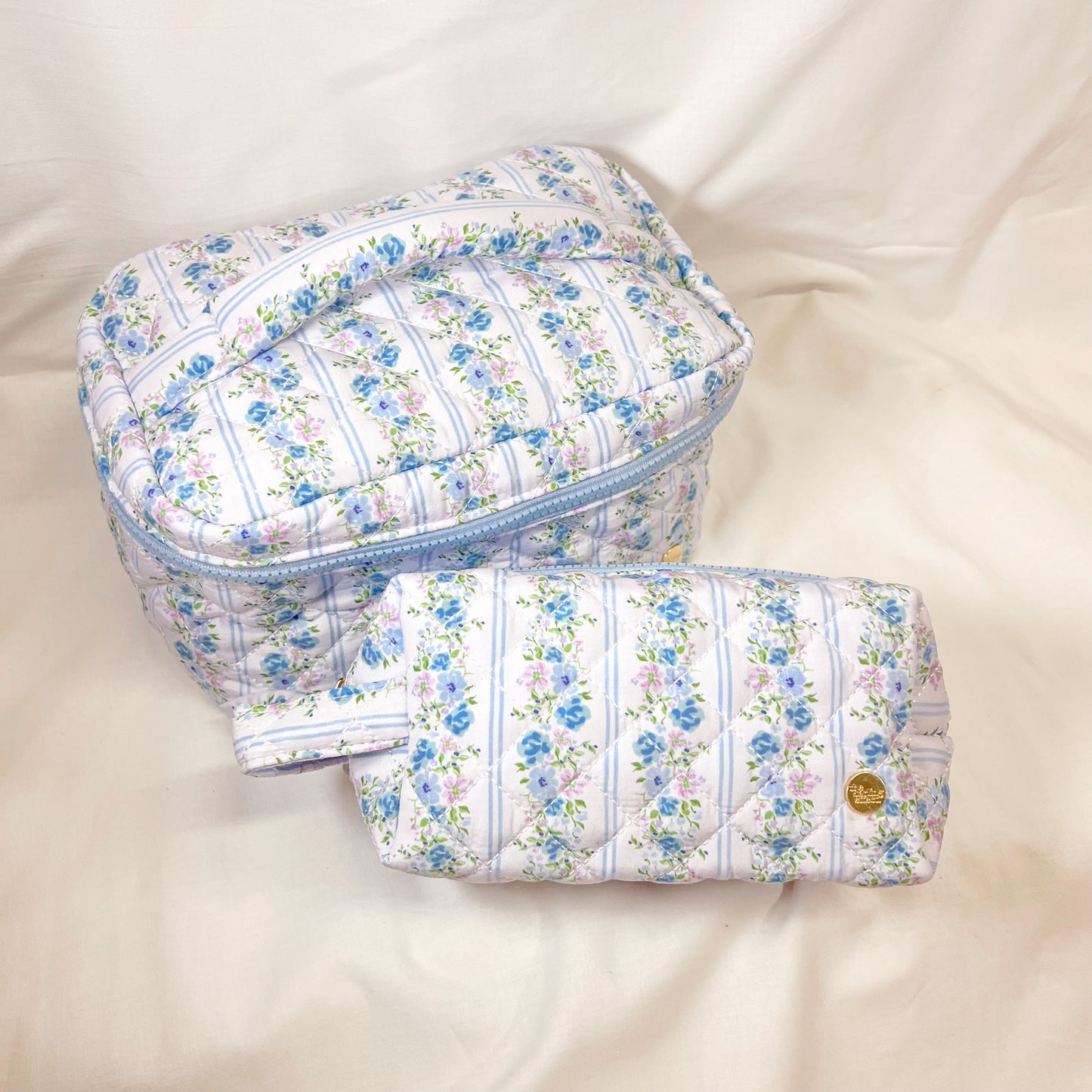 Blue Floral Quilted Makeup Bag