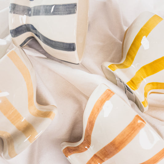 Hand-Painted Stoneware Striped Footed Bowl