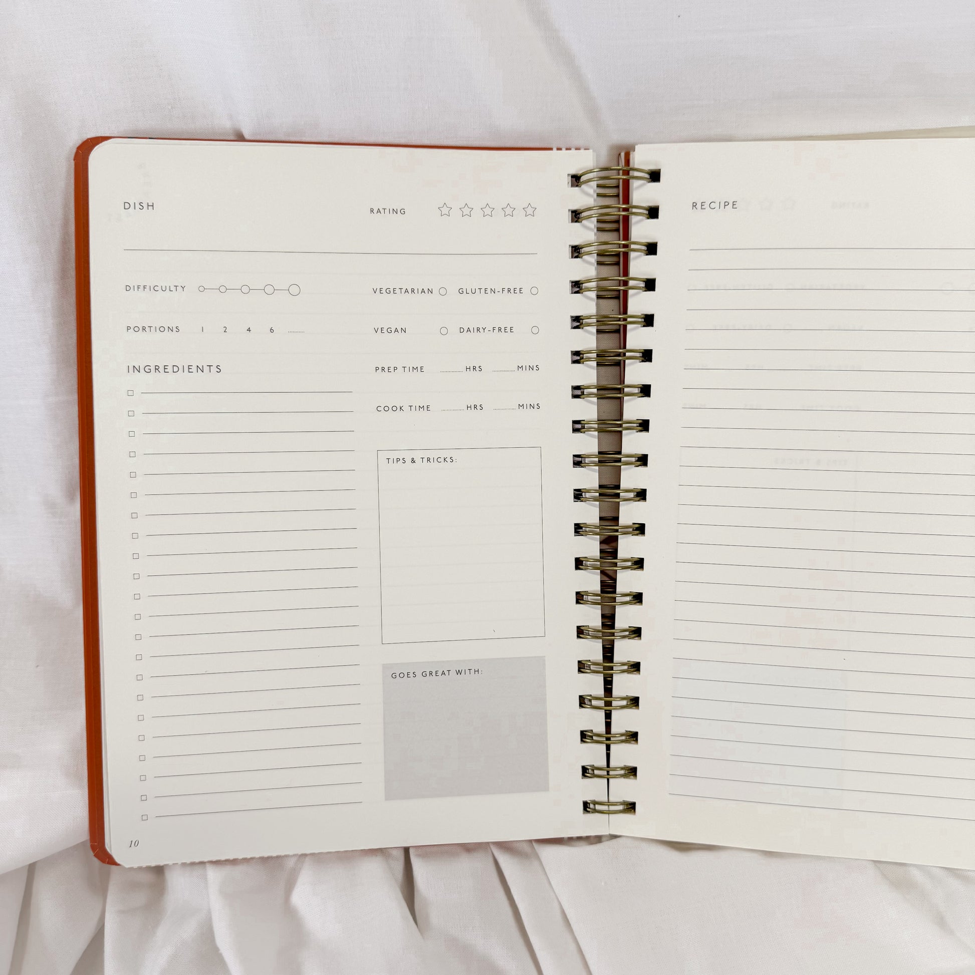 Minimalist recipe journal with sections for ratings, conversions, and favorite food spots

