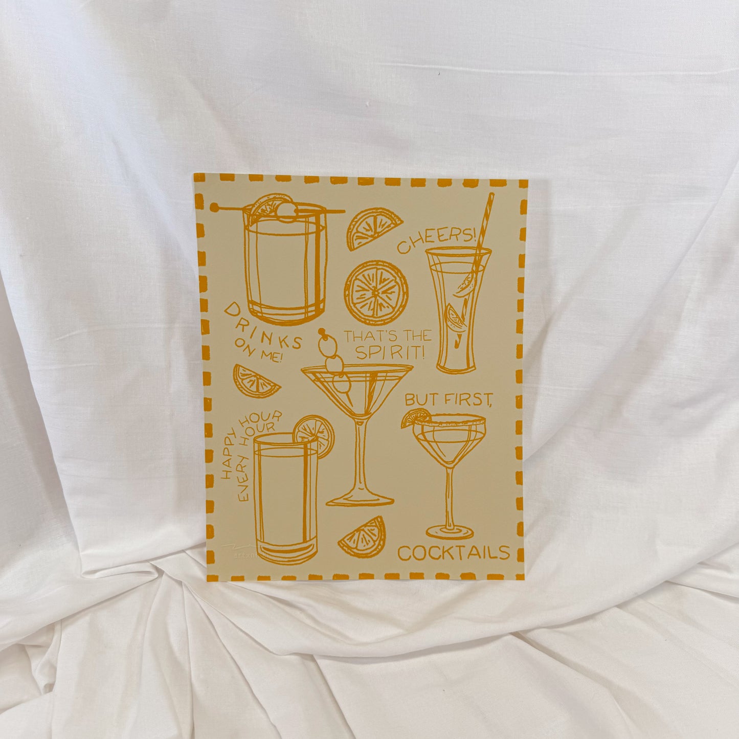 College wall art featuring popular cocktails and vintage style illustrations