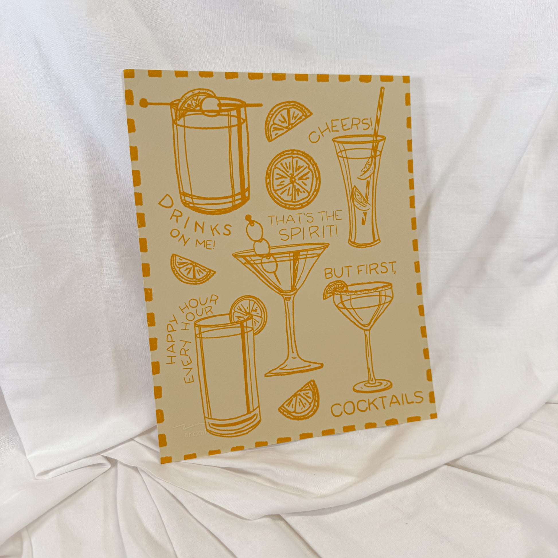 Gallery wall print featuring happy hour inspired illustrations and classic cocktails on a yellow and orange background
