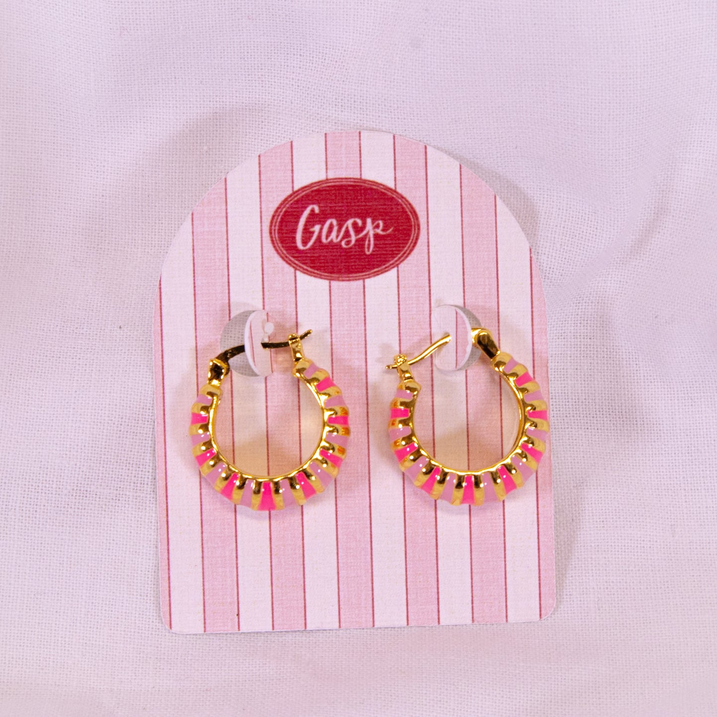 Pink Enamel Stripe Hoop Earrings