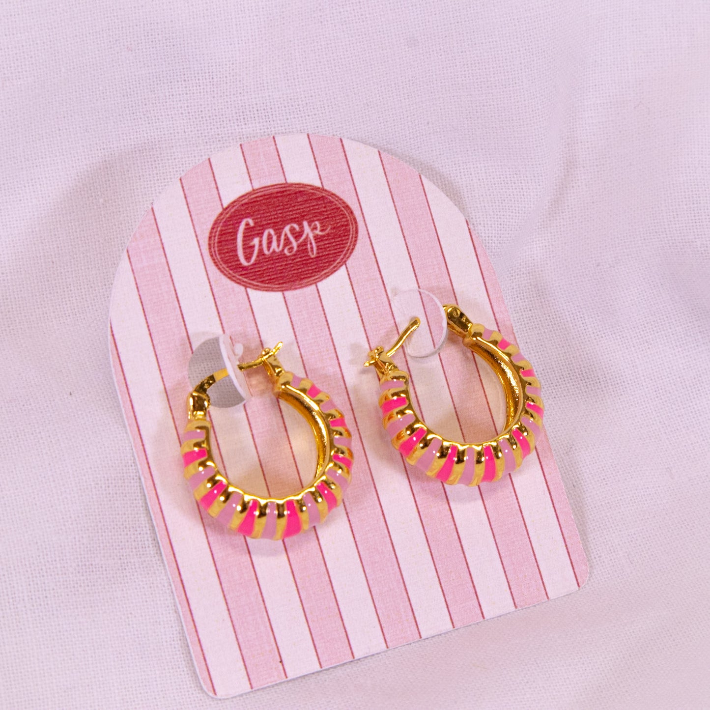 Pink Enamel Stripe Hoop Earrings
