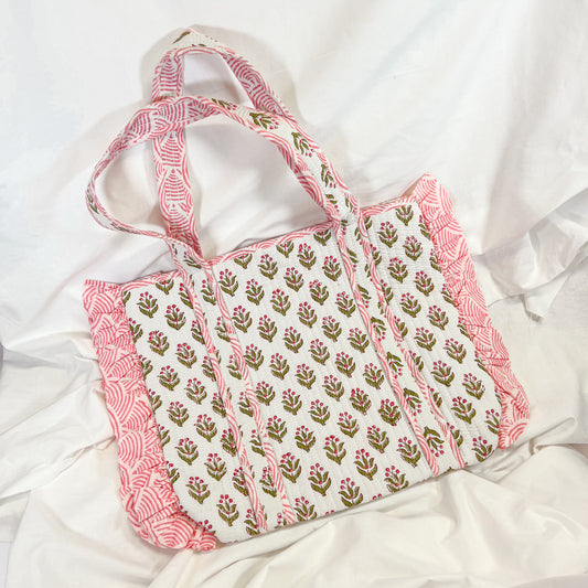 Ruffle Block Print Tote Bag