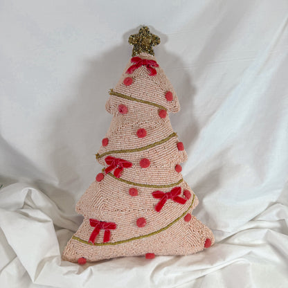 Beaded Pink Christmas Tree Pillow