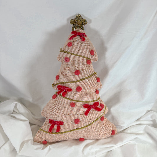Beaded Pink Christmas Tree Pillow