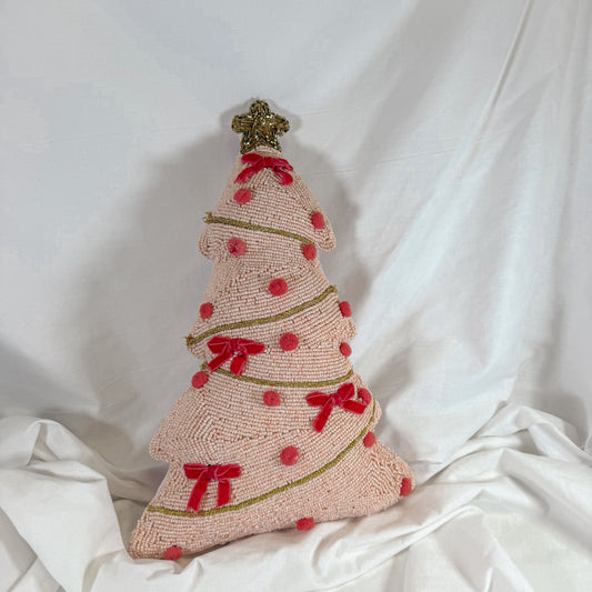 Beaded Pink Christmas Tree Pillow