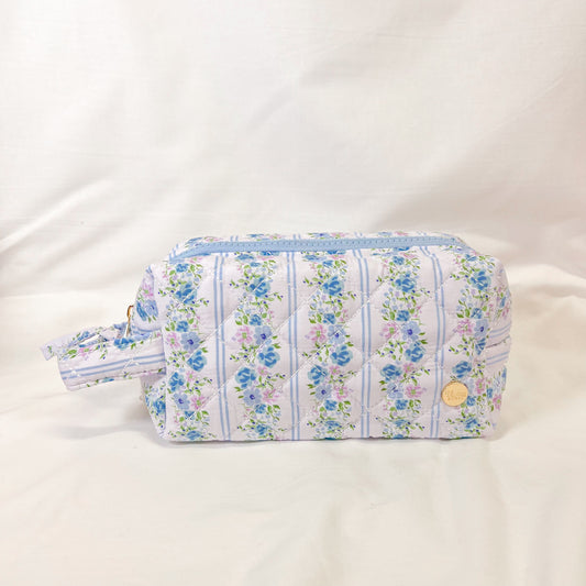 Blue Floral Quilted Makeup Bag