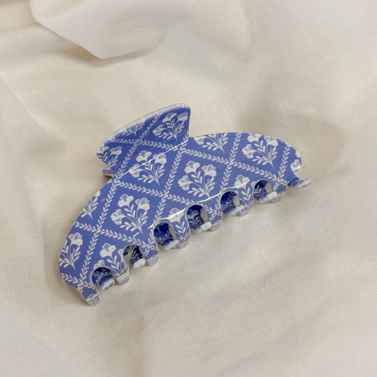 Blue Block Floral Claw Hair Clip