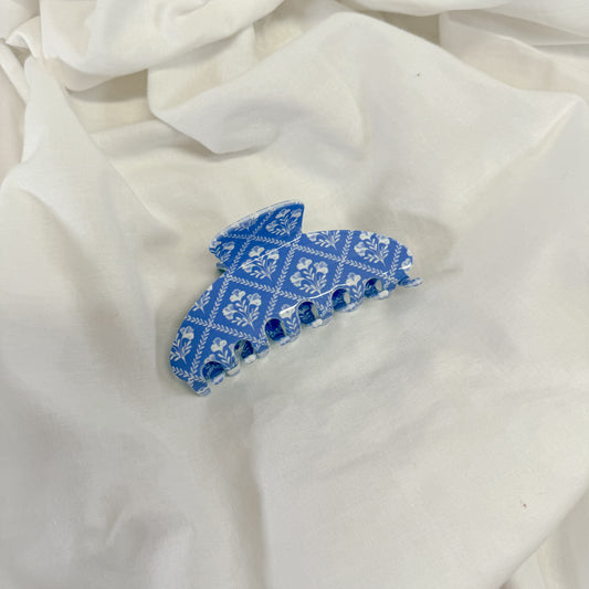 Blue Block Floral Claw Hair Clip