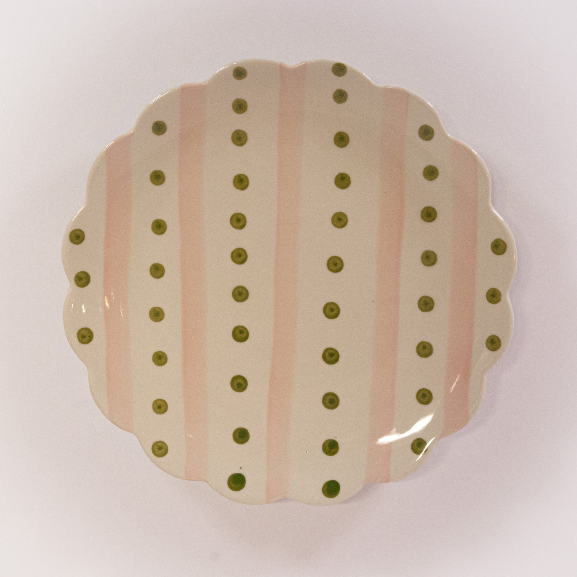 Pink And Green Scalloped Plate - Pink Stripe Green Dot