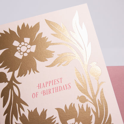 Happiest Of Birthdays Gold Floral Greeting Card