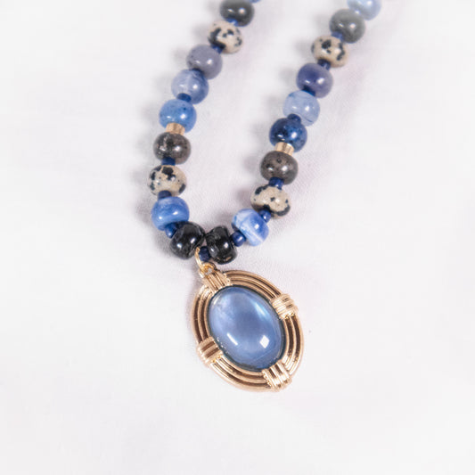 Beaded Necklace with Framed Oval Stone