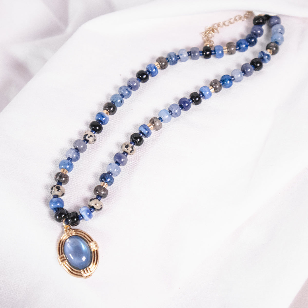 Beaded Necklace with Framed Oval Stone