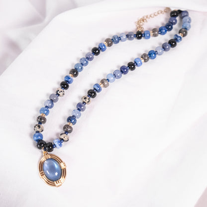 Beaded Necklace with Framed Oval Stone