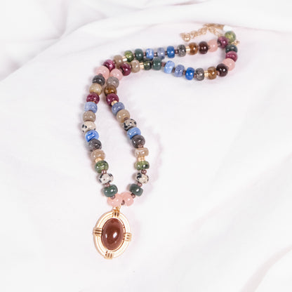 Beaded Necklace with Framed Oval Stone