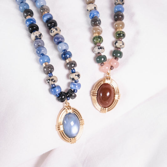 Beaded Necklace with Framed Oval Stone