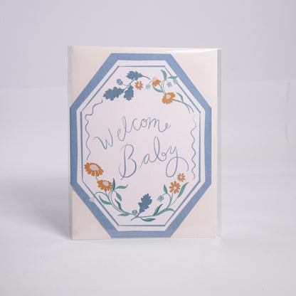 Welcome Baby Blue Floral Greeting Card