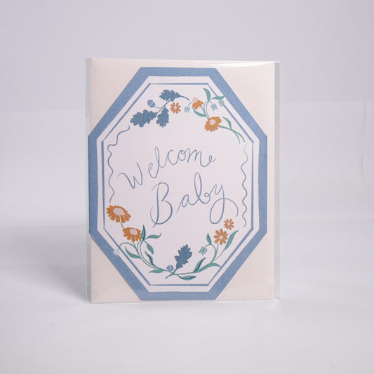 Welcome Baby Blue Floral Greeting Card